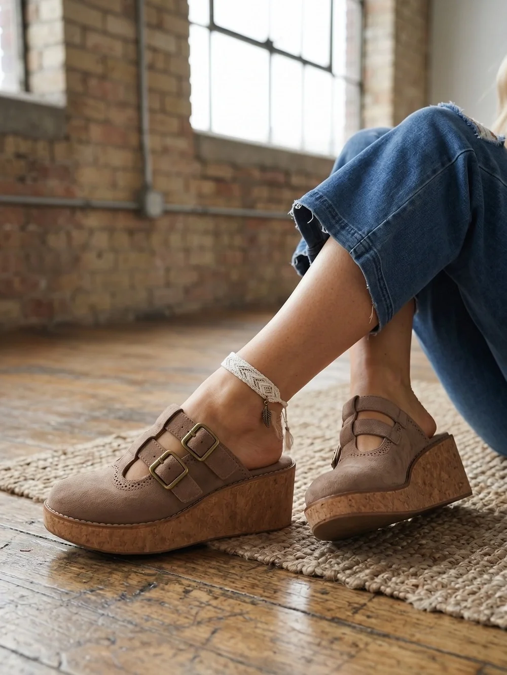 NIB Pierre Dumas Vegan Suede Close Toes Boho Mules Clog Wedge Heel Shoes Taupe - Picture 1 of 10